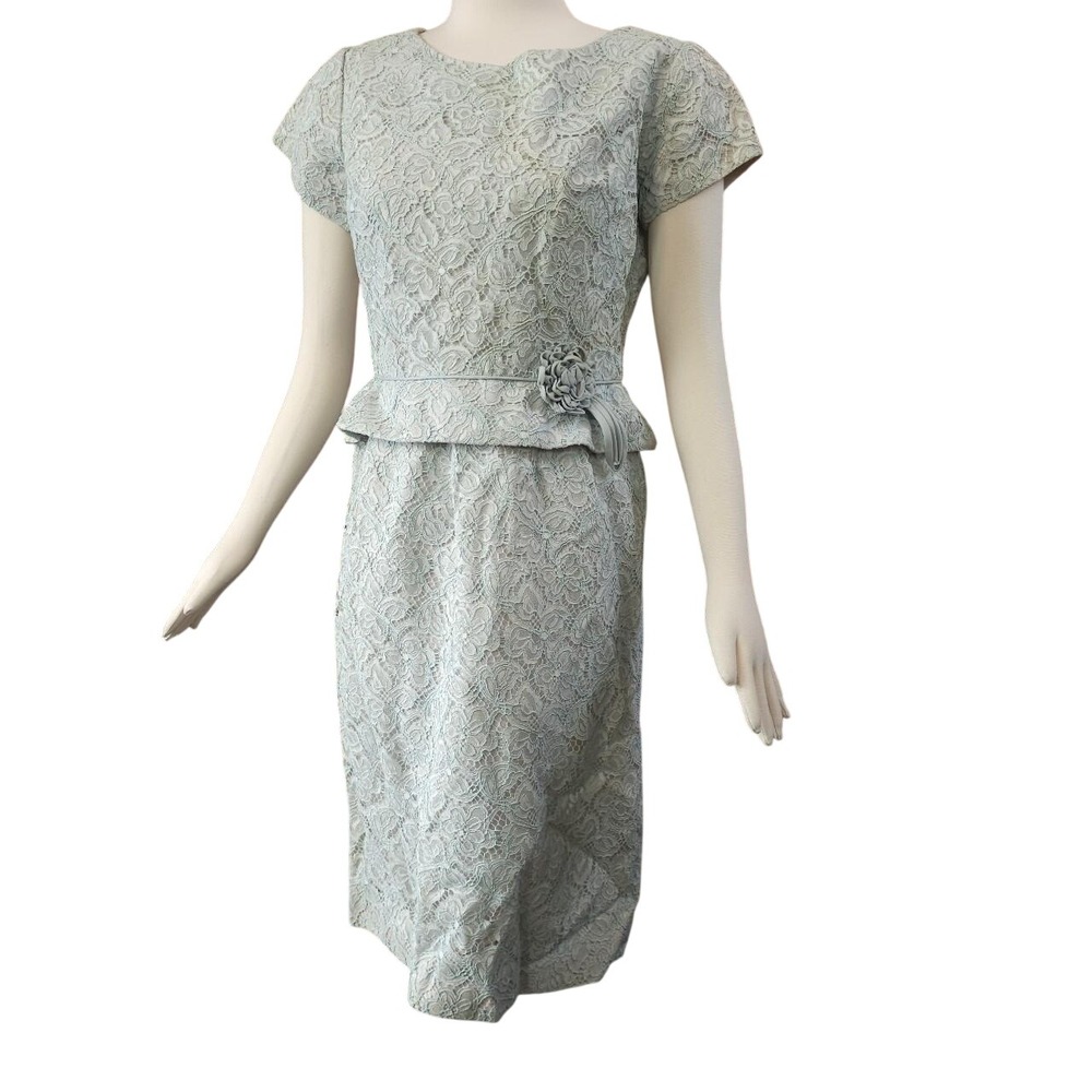 1960s Light Blue Lace Dress with Peplum & Flower (As Is)